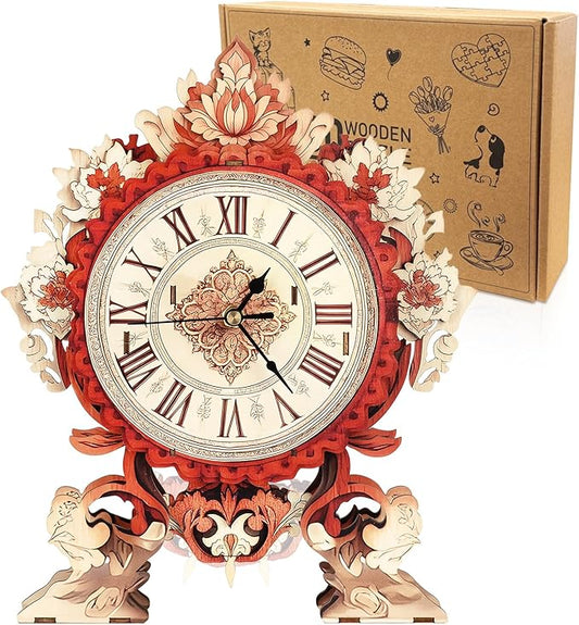 3D Puzzles for Adults Clock-Flame Flower Design Model Kit-Mechanical DIY Pendulum Clock with Roman Numerals-Desk Home Office Decor Personalized Gift for DIY Lovers
