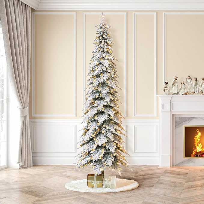Glitzhome 11ft Prelit Christmas Tree, Artificial Christmas Tree with 700 Warm White Lights, Flocked Pencil Tree Chicago Frostwood Spruce Xmas Tree w/2890 PE&PVC Branch Tips and Sturdy Metal Stand