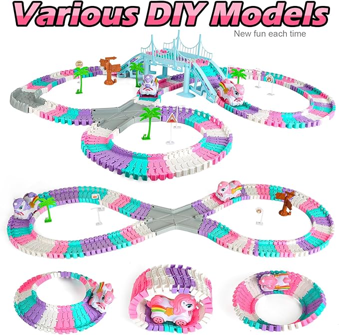 268 PCS Unicorn Race Tracks for Kids Toys, Glow in The Dark Magic Toy Set, 2 Unicorn Cars Track, Flexible DIY Track Set, Birthday Gift for Age 3-9 Boys Toddler Girls