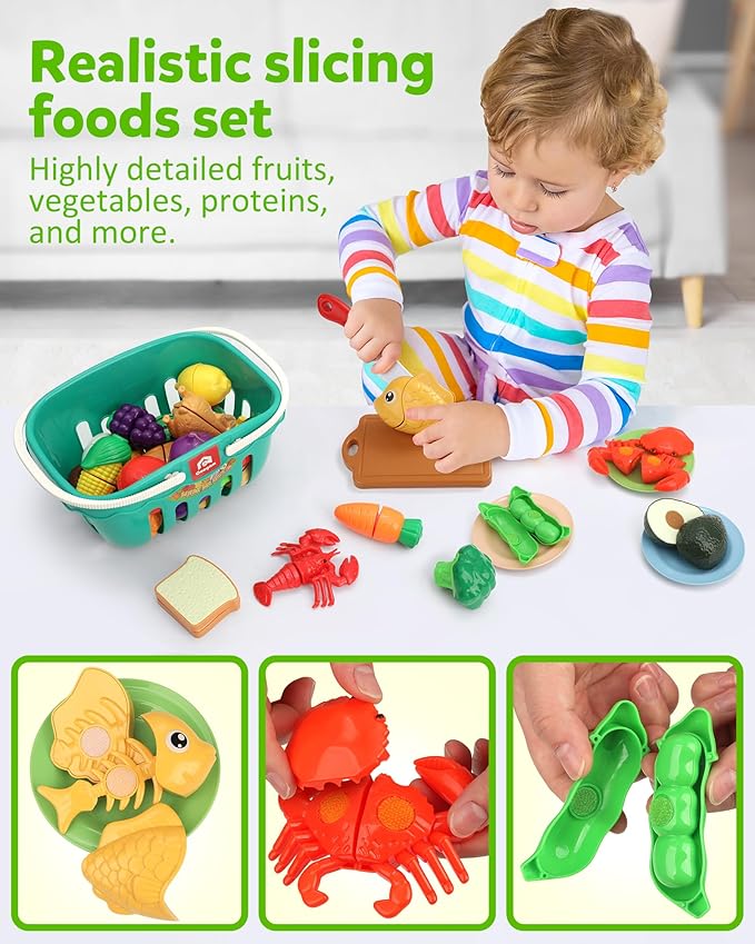 Coogam Pretend Play Food Kitchen Accessories for Kids, Fake Fruits Meats Vegetables Cutting Food with Shopping Storage Basket for Preschool Activities, Daycare Educational Toy for 3 4 5 Years old Kids