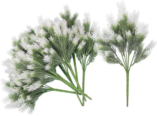 RECUTMS 1.22ft Greenery Artificial Pine Branches Tree Leaves Faux Stems Outdoor Plastic Plants No Fade UV Resistant Decor for Garden Porch Table Home Window (White)