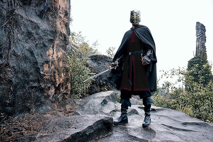 Ryannology Mens Crusader Costume Medieval Templar Renaissance Knight Warrior Tunic Retro Halloween Cosplay Top with Cross