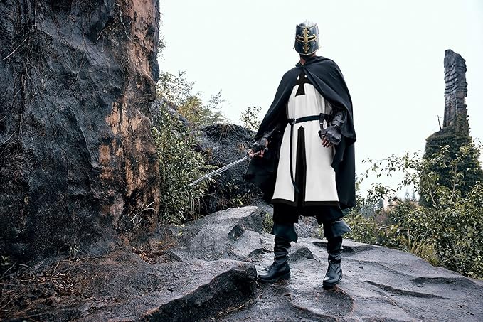 Ryannology Mens Crusader Costume Medieval Templar Renaissance Knight Warrior Tunic Retro Halloween Cosplay Top with Cross