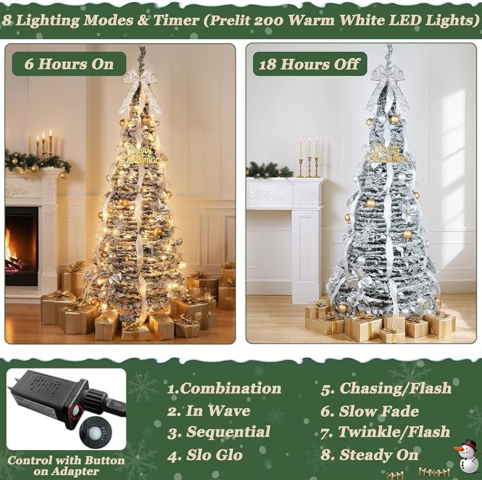 6 Ft Flocked Prelit Pop Up Christmas Tree with Timer & 8 Modes 200 Warm White Lights, Fully Pre-Decorated 80 Gold & Silver Ornaments Collapsible Pull up Xmas Tree with Lights for Indoor Home Decor