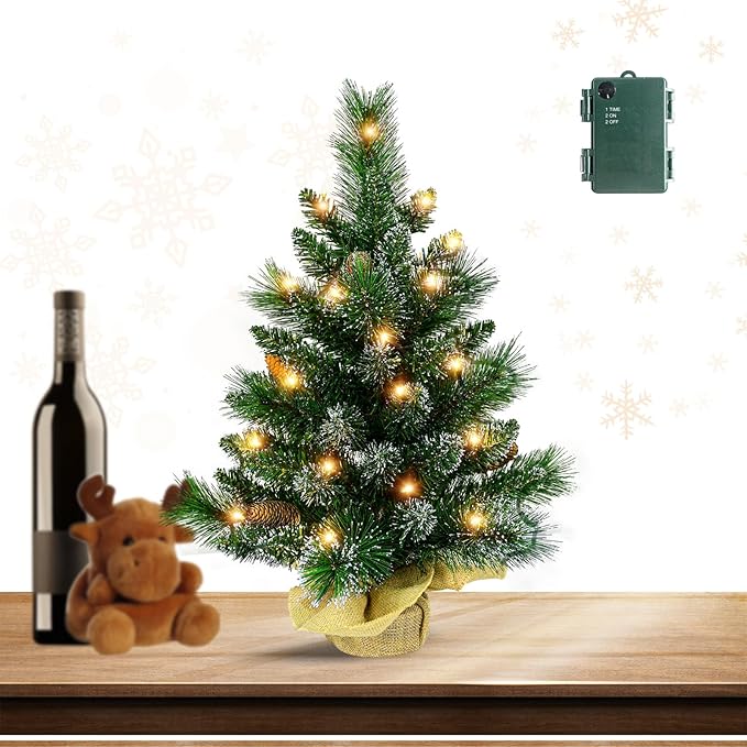 Pre-lit Artificial Mini Christmas Tree, 2ft Snow Tipped Pine Artificial Small Christmas Tree, Includes 30 Led Warm Lights, Seasonal Indoor Home Tabletop Decor with Decorative Burlap Base