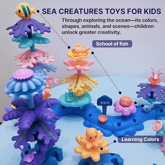 Coral Reef STEM Building Blocks for Small Groups - 38PC Educational Toys with Octopus, Creative Learning Kit for Preschool & Daycare Ages 3-5 (Ocean-World-L1)