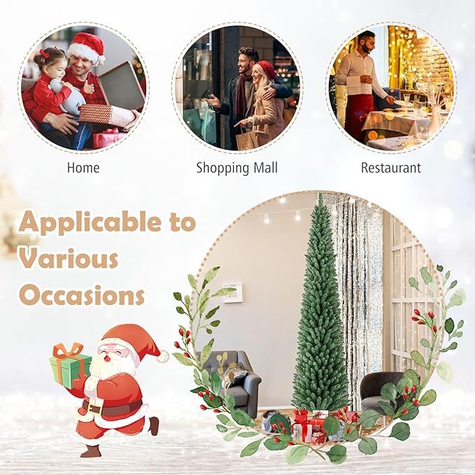 GOFLAME 8FT Prelit Pencil Christmas Tree, Slim Artificial Xmas Tree with 671 Memory Wire Branch Tips, 250 Warm White LED Lights & Upgraded Metal Stand, Seasonal Holiday Decoration Tree for Home Party