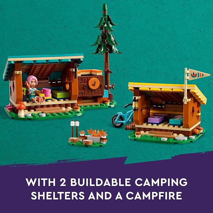 LEGO Friends Adventure Camp Cozy Cabins Camping Toy, Kids’ Nature Playset, Pretend Play Toy with 3 Mini Doll Characters and a Fox Toy Figure, Birthday Gift Idea for 7 Year Olds and Up, 42624