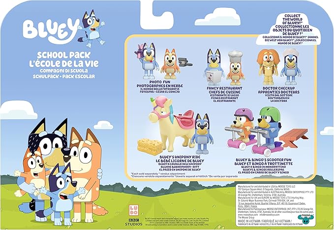Bluey and Friends 4 Pack of 2.5-3"" Poseable Figures (13052), School 4-Pack
