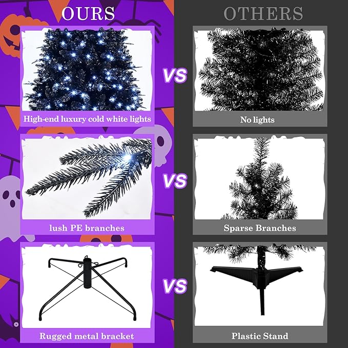 7.5FT PreLit Black Christmas Tree with 500 Lights, Artificial Fake Christmas Tree with 2156 PE&PVC Branch Tips, Halloween and Xmas Tree for Holiday Decorations, Metal Stand and Hinged Branches