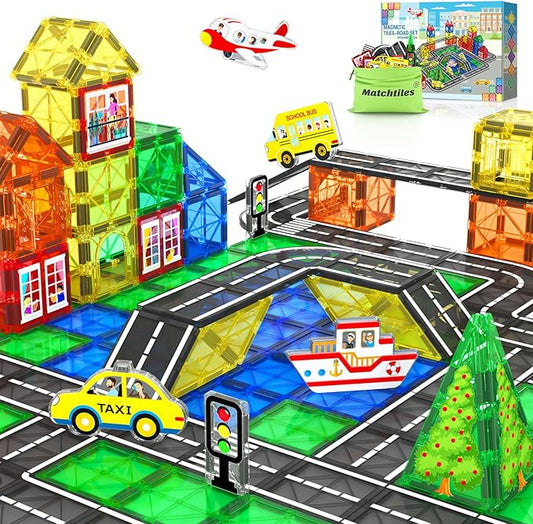 Magnetic Tiles Road Toys for 3+ Year Old Toddler, Magnetic Blocks Building for Kids Ages 3-5 5-7 Girls Boys, STEM Montessori Sensory Toys, Classroom Must Haves