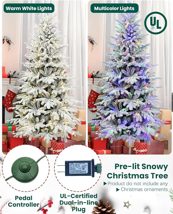 Artificial Christmas Tree with Lights - Leheyhey 6ft Flocked Christmas Tree Prelit - Halloween Xmas Tree for Home Office Store, Holiday Decoration - 1582 PE & PVC Mixed Branch Tips