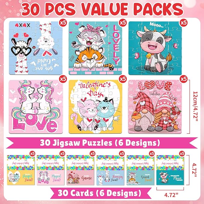 MOVINPE Valentines Day Gifts for Kids - 30 Pack Jigsaw Puzzle with Valentines Cards Headers for Kids - Valentine Day Exchange Gift Puzzle Classroom Prizes for Girls Boys School Class Bulk