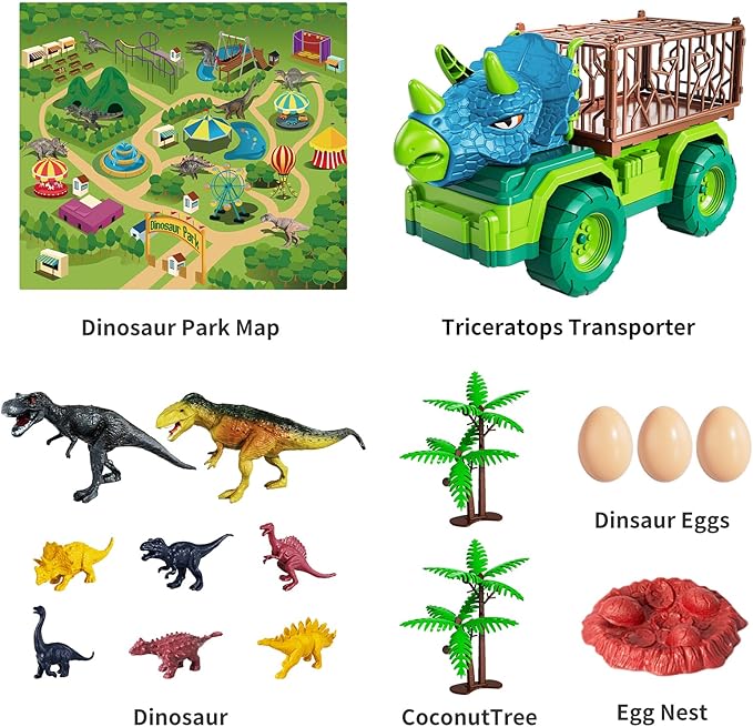 TEMI Dinosaur Truck Toy for Kids 3-5 Years, Triceratops Transport Car Carrier with 8 Dino Figures, Activity Play Mat, Dino Eggs and Trees, Capture Jurassic Dinosaurs Play Set for Boys and Girls