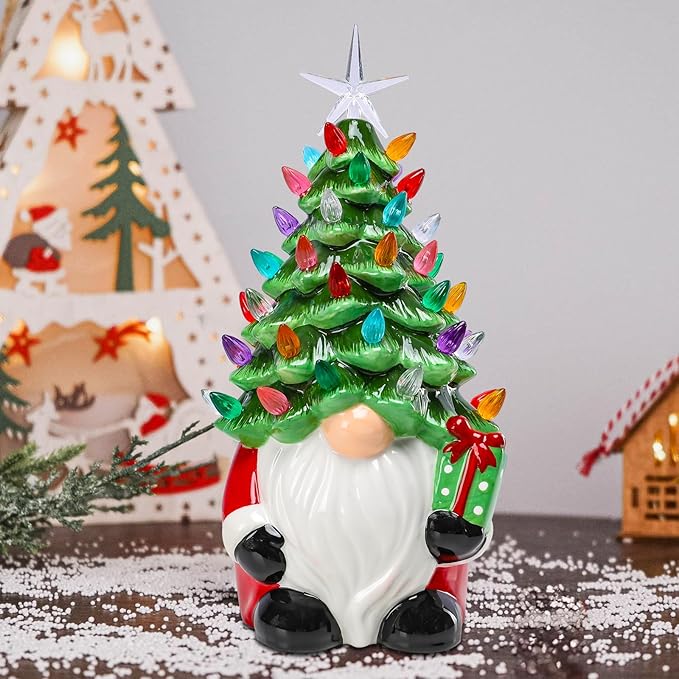 Small Ceramic Christmas Tree Hand-Painted Vintage Tabletop Christmas Tree Holiday Decoration with Multi-Color Lights Green Gnome 11 inch