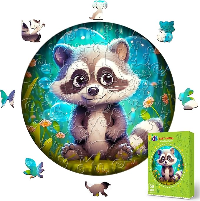 Christmas Birthday Gifts for Kids Girls Boys, Wooden Jigsaw Puzzles for Kids Ages 4-6, 50 Piece Unique Shape Animal Theme Puzzle - Preschool Learning Educational Toys for Kid 3+ (Raccoon)