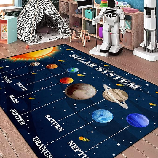 Universe Planet Area Rugs Outer Space Rugs for Boys Bedroom Educational Sofa Floor Mat Galaxy Solar System Theme Throw Rugs for Indoor Outdoor Carpets Crystal Polyester Mats Oversized, 5'×7'