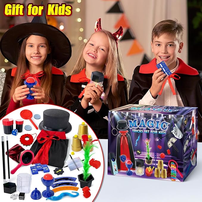 Kids Magic Kit, Magician Costume for Pretend Play, Magic Set with Instructions for Each Trick for Kids Ages 6 7 8 9 10 11 12