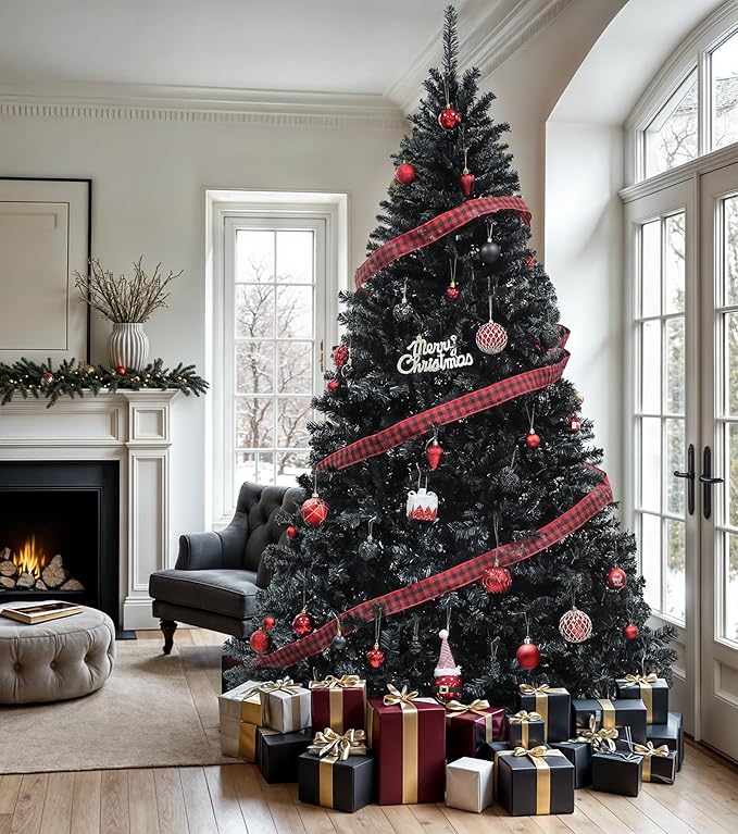 DWVO 6ft Pre-lit Black Christmas Tree with Lights, Prelit Halloween ChristmasTtrees with 818 Tips & 250 UL Listed Lights, Automatic Branches & Easy Assembly with Remote Control for Home Party