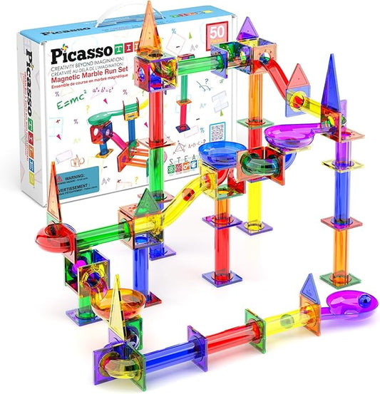 PicassoTiles Magnetic Marble Run Marbles for Kids Race Track Toy Set Marble Maze Sensory Toys for Toddlers STEM Educational Magnet Building Blocks Construction Building Tiles Boys Girls 3+