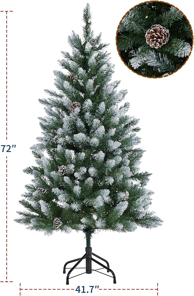 2025 Christmas Pre-Lit Pencil Tree 6FT with Lights, Automatic White Spray Artificial Xmas Tree with Pinecone, Decor for Christmas Holiday