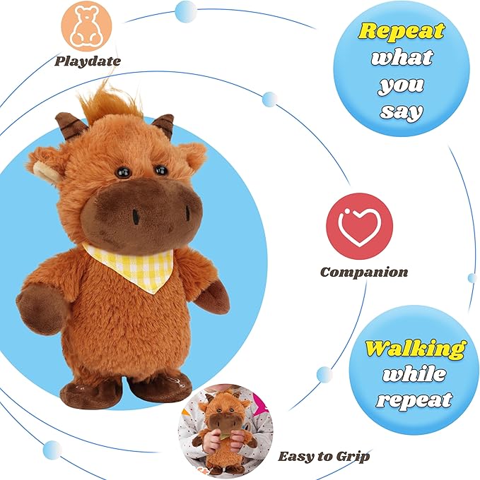 Hopearl Talking Highland Cow with Yellow Bib Repeats What You Say Walking Electric Interactive Animated Toy Speaking Plush Buddy Gifts for Toddlers, Brown, 9''