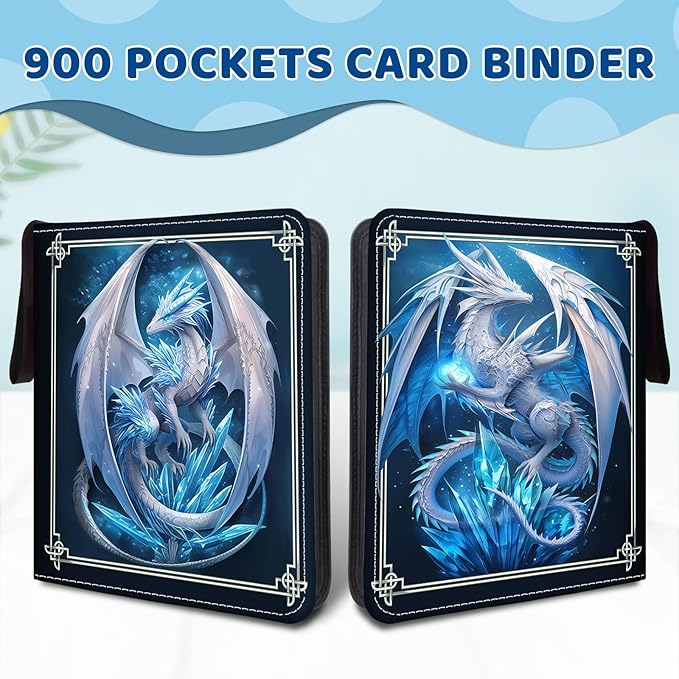 900 Pocket Trading Card Storage Album, Card Binder with 50 Durable 9-Pocket Pages, Blue Dragon Design on Pocket Card Packs, Thanksgiving Christmas Birthday Gifts for Zipper Closure Collector