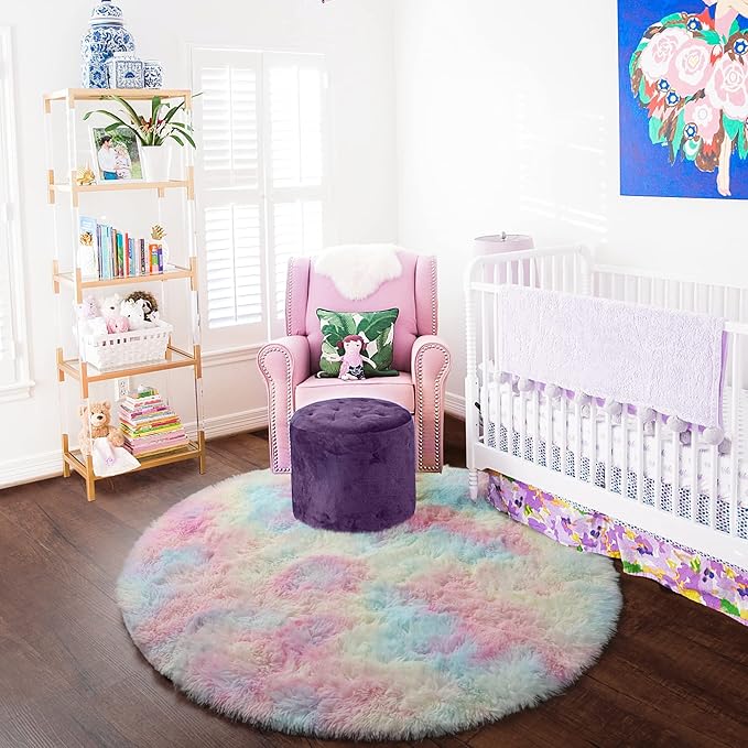 ONASAR Rainbow Round Area Rug 4ft, Soft Bedroom Circle Rugs Mats for Kids Girls Teen Room, Kawaii Fluffy Plush Shaggy Carpet for Baby Nursery Living Room Playroom Home Decor Princess Castle