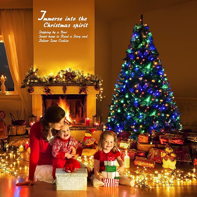 COSTWAY 6 FT Pre-lit Christmas Tree, Artificial Xmas Tree with 350 Warm White & Multicolored Lights, 11 Modes, 1000 Branch Tips, Metal Support, Holiday Decoration Fake Tree for Home, Office, Party