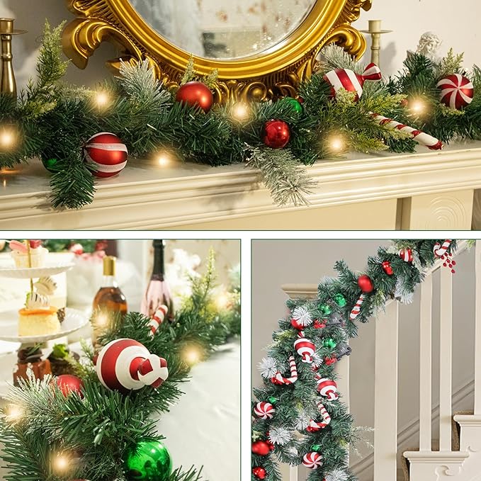 Christmas Garland Lighted Indoor Outdoor Decorations Artificial Christmas Garlands with Light Mantel Candy Cane for Door Porch Holiday Party Outdoor Indoor Xmas Decor 6FT