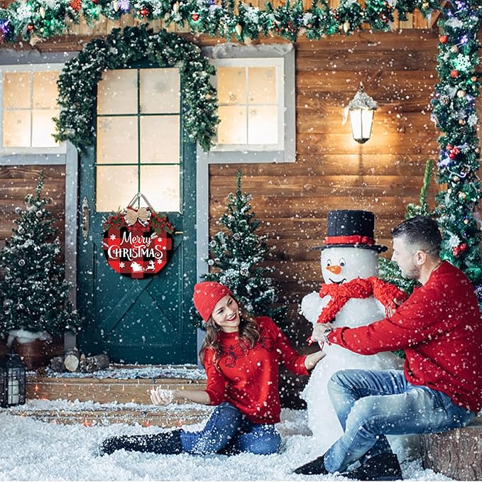 Merry Christmas Decorations Wreath, Merry Christmas Sign Front for Door Decoration, Rustic Wooden Holiday Decor for Front Door Porch Window Wall Farmhouse Indoor Outdoor Decorations