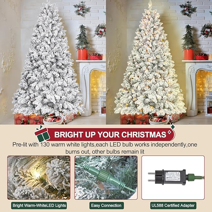 Flocked Pre-lit Christmas Tree 7ft, Premium Christmas Tree with Lights - White Flocked Prelit Trees- Artificial Xmas Trees