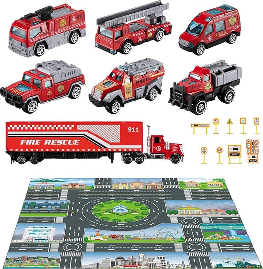 TEMI Diecast Emergency Fire Rescue Vehicle Toy Set w/Play Mat, Truck Carrier,Ambulance, Alloy Metal Fighting Car for 3 4 5 6 Years Old Toddlers Kids Boys and Girls
