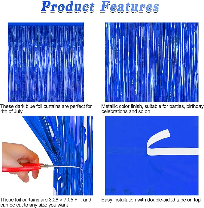 2 PCS Tinsel Backdrop, 3.28 FT x 7.05 FT Dark Blue Backdrop Curtains, Metallic Passover Fringe Curtains Party Streamer, Navy Blue Party Decorations Photo Props