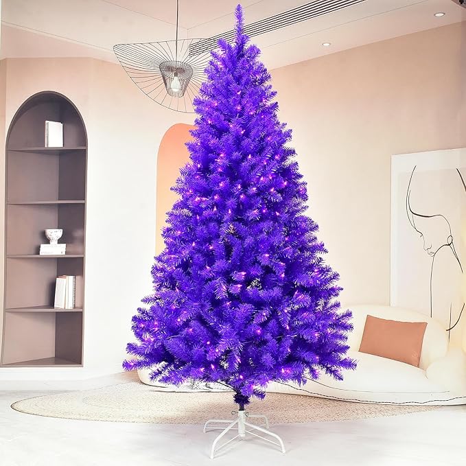 YULETIME 6.5 Feet Pre-Lit Purple Christmas Tree, Artificial Holiday Decorative Tree with UL Listed 300 Purple LED Christmas Lights with Matching Color Wire