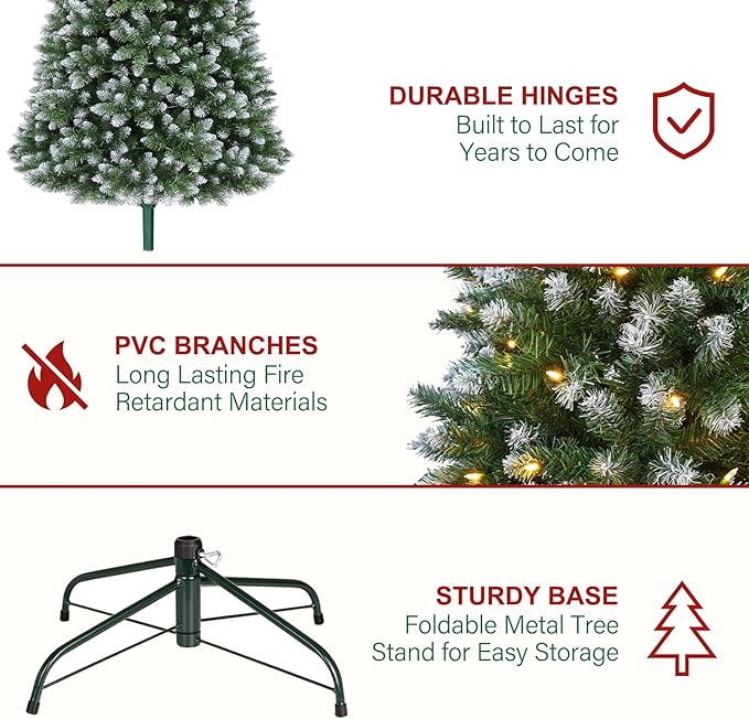 Hykolity 6 ft Prelit Christmas Tree with 250 LED Warm White Lights, Partially Snow Flocked Artificial Tree, 1032 PVC Branches, Metal Stand and Hinged Branches, Holiday Decoration for Home