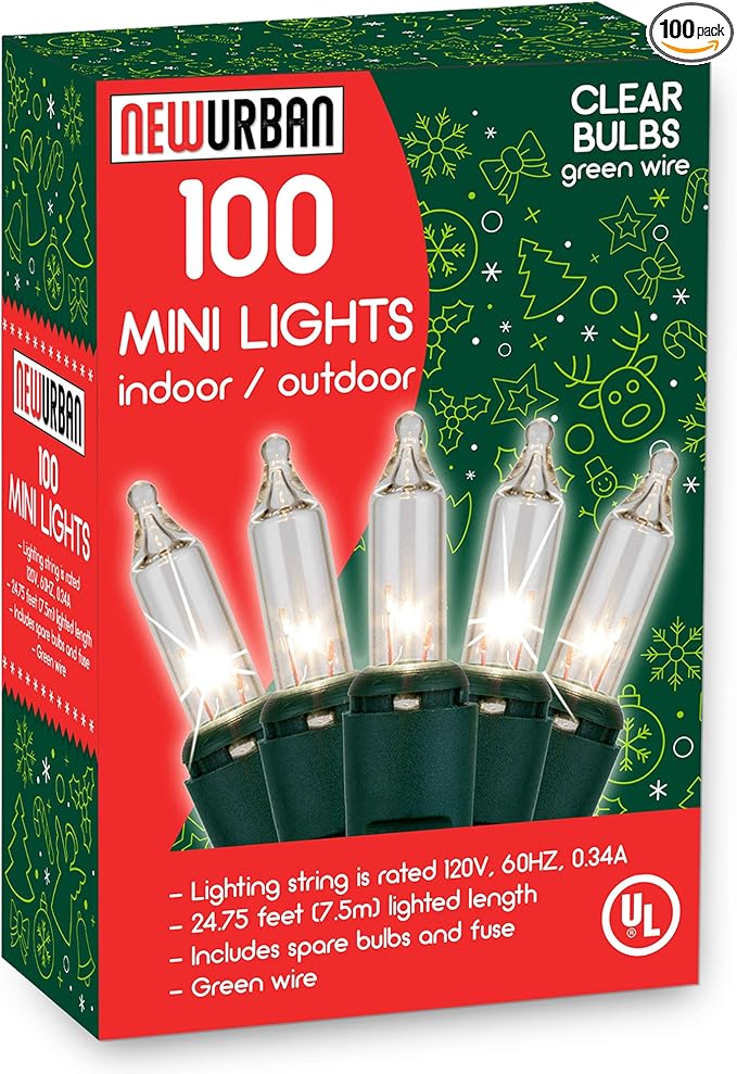 100 Christmas Mini Lights - 24.8 ft / 7.5m - 120V - Warm White Bulbs 2800K - Green Wire - 120V - End to End Connection - Indoor & Outdoor Use - Light Strings for Christmas Tree and New Year Decoration
