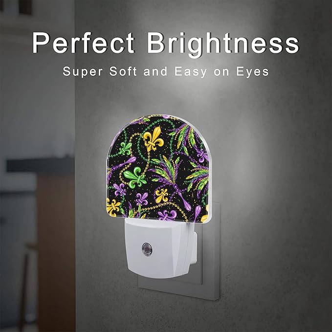 Mardi Gras Carnival Design Night Light, Colorful Fleur De Lis and Feathers Dusk to Dawn Night Light Plug in, 0.5w Energy Saving Sleep Friendly Nightlights for Kids Boys Girls Home Decor