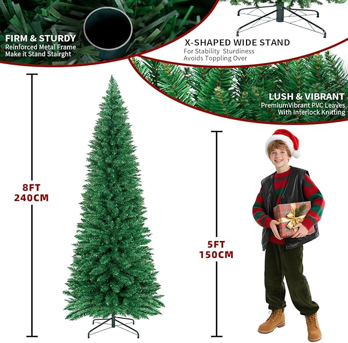 8FT Christmas Tree,Artificial Pencil Christmas Tree with 700 Branch Tips,Xmas Tree with Solid Metal Foldable Stand Perfect for Indoor&Outdoor,Christmas Decoration for Party by DNKMOR