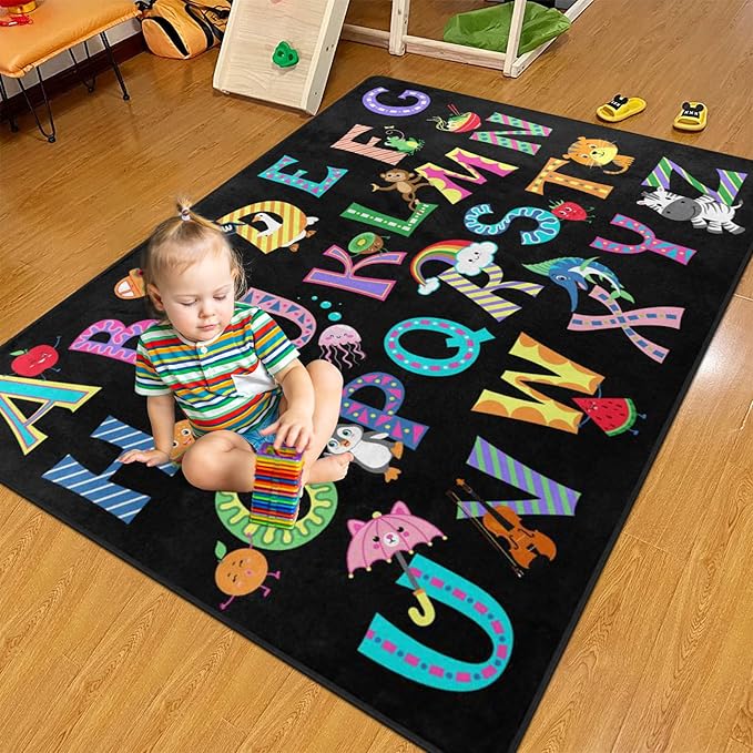 ABC Alphabet Rug, Classroom Playmat Rugs - 5x7 Ft Kids Carpet with Rubber Backing, Colorful Cartoon Letters Kids Play Mat Nursery Rugs for Toddlers Children Bedroom Playroom - Black