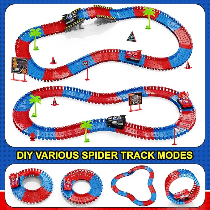 Spider Race Track Toy for Boys 4-6, Race Car Set with 2 Spider Cars, DIY Flexible Tracks Playset, Toddler STEM Building Toys for Girls, Birthday Gift for Kids Ages 3 4 5 6 7