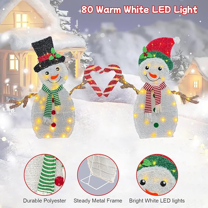 2D Lighted Snowman Christmas Decorations,42 Inch Lighted Up Christmas Outdoor Decoration with 80 Warm White LEDs, 3-Piece Set Xmas Festive Holiday Decor for Indoor Home Garden Patio Yard -Snowman