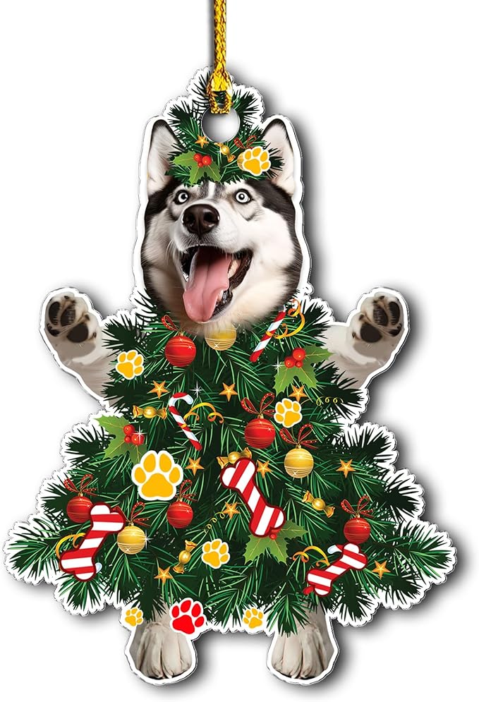 2025 Husky Dog Christmas Ornament - Adorable Dog Dressed as a Christmas Tree - Fun and Festive Acrylic Decoration (Husky Xmas Tree)