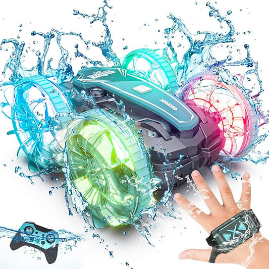 Tecnock Amphibious Remote Control Car Boat, 4WD Gesture RC Cars with Waterproof Remote Control, RC Stunt Car with LED Lights, Pool Toys for Kids Ages 8-12, Toys Gifts for Boys Girls