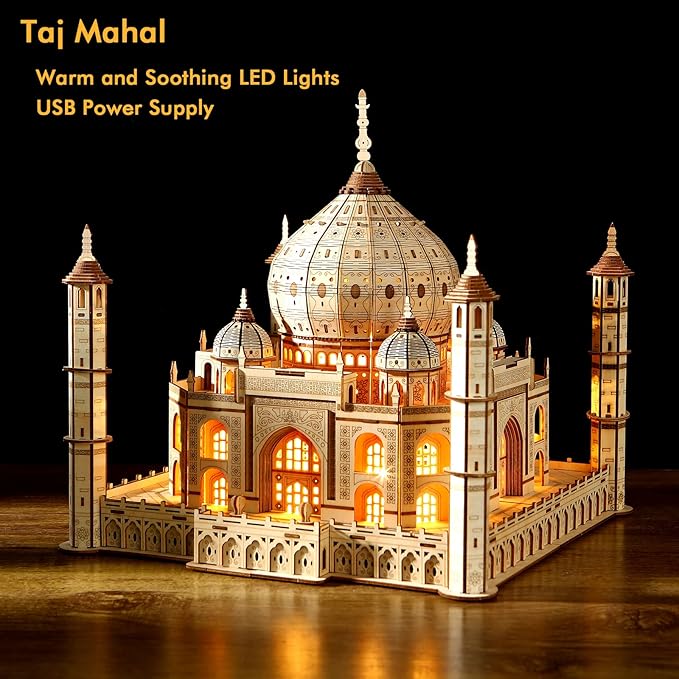 3D Wooden Puzzle Architecture Building Taj Mahal Model Craft STEM Kit LED Light DIY Home Decoration Mother's Day Birthday Gift for Adults & Kids (Taj Mahal)