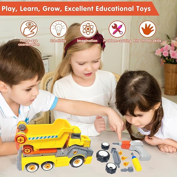 11inches Large Take Apart Construction Toys Dump Trucks for Boys Girls Kids 3-5 6-8 Year Old Electric Drill Set Assembly Building Toys Learning Toys