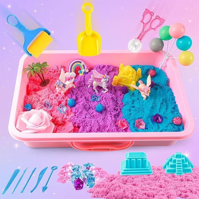 MYDOVA Unicorn Sensory Bin for Girl, Magic Sand Art Kit for Boys and Girl with Sandbox, Castle Molds, 2.18lb 3 Color Sand, Best Unicorn Toy Kits Christmas Birthday Gift for Toddler Ages 3+