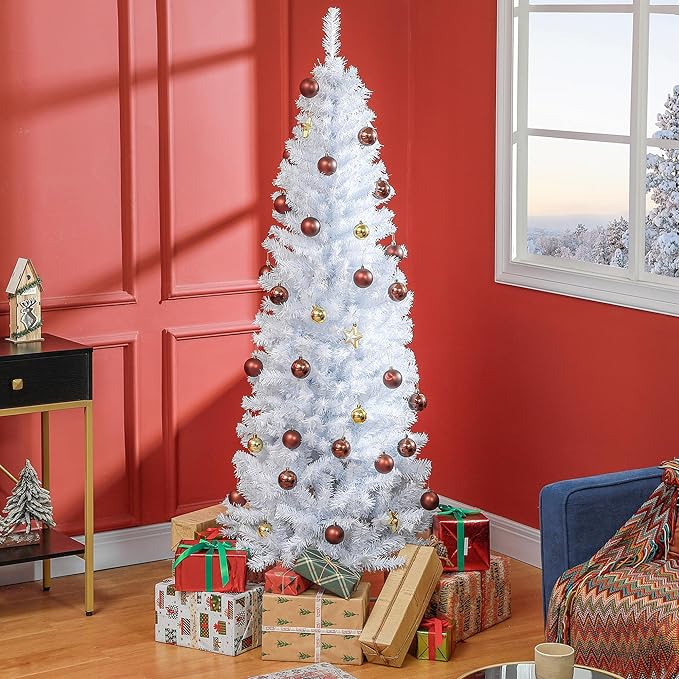 HOMCOM 6ft Pencil Christmas Tree, Unlit Artificial Christmas Tree Slim Douglas Fir Xmas Tree with Realistic Branches, Halloween Tree with 618 Tips, White