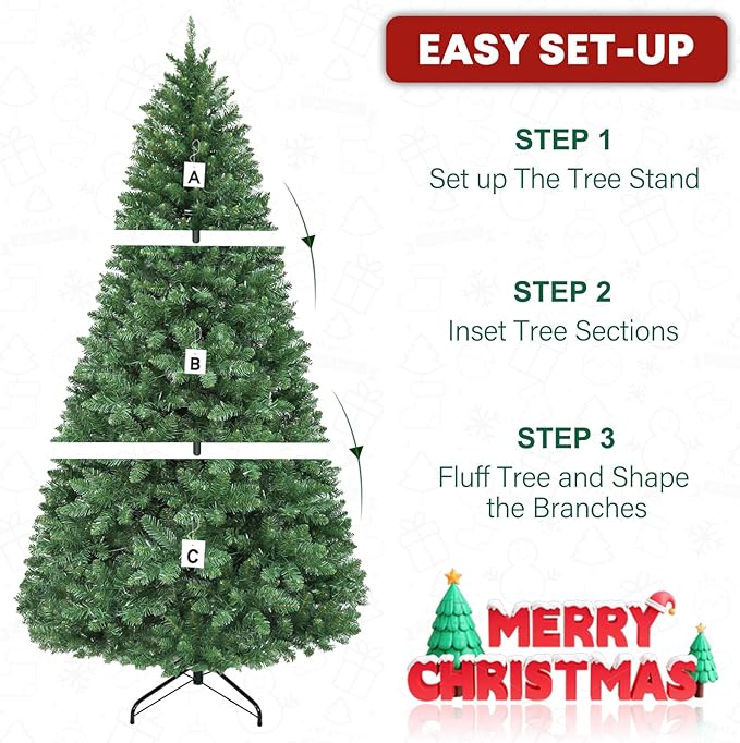 6 ft Lighted Christmas Tree, Artificial Christmas Tree with 250 Warm White Lights, 1032 Branch Tips, Hinged Branches and Metal Stand