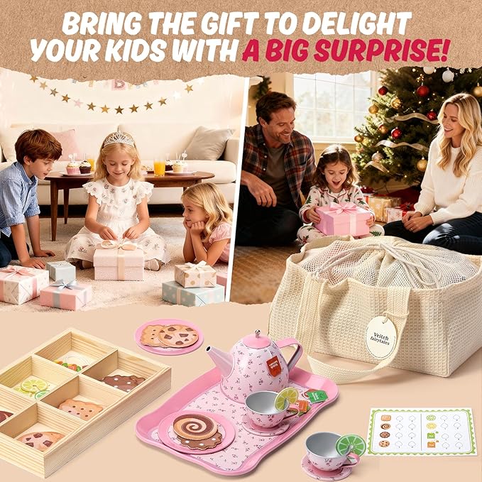 Kids Tea Party Set for Little Girl, Tea Sets for Toddler Pretend Play Food Kitchen Toy Accessories Gift for 3 4 5 6 Years Old Girls Boys (Pink)